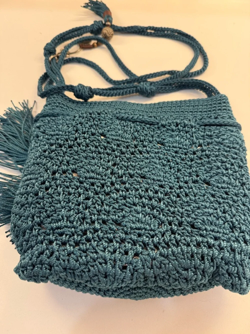 The Sak…Handmade Teal Crochet Crossbody Bag with Tassel - Picture 2 of 7